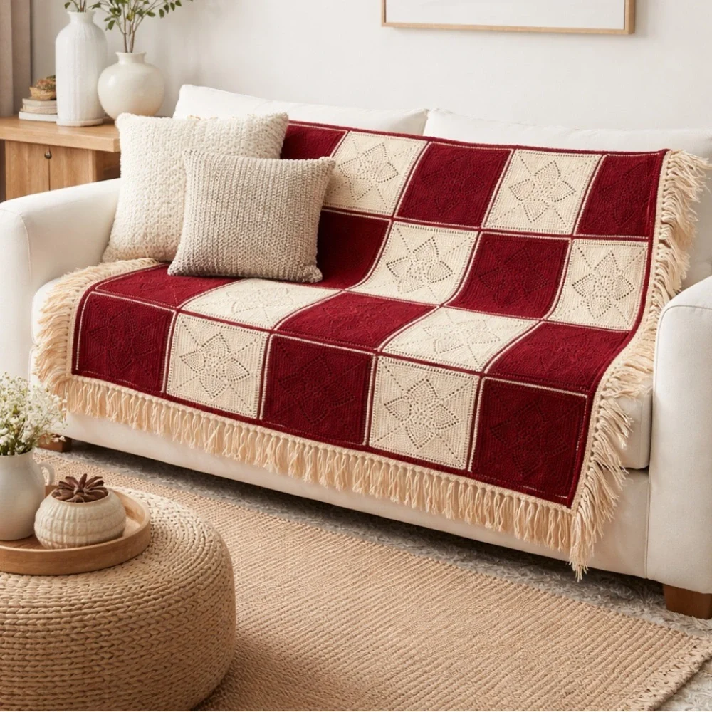 Vintage Handmade Crochet Afghan Throw Blanket Red Cream Granny Square Fringe